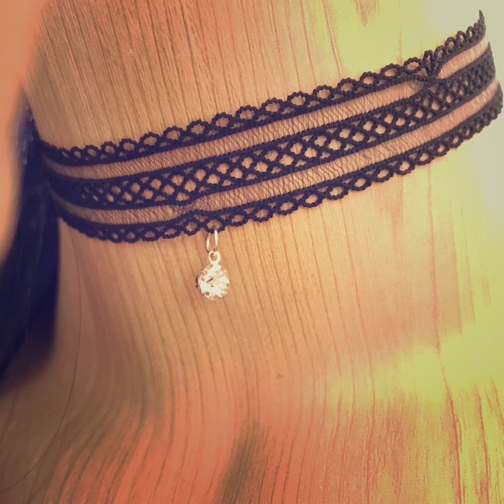 Black Lace Choker with a Silver Diamond